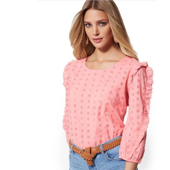 NYC Soho Eyelet Ruffle Trim Blouse Pink Small - Picture 1 of 9